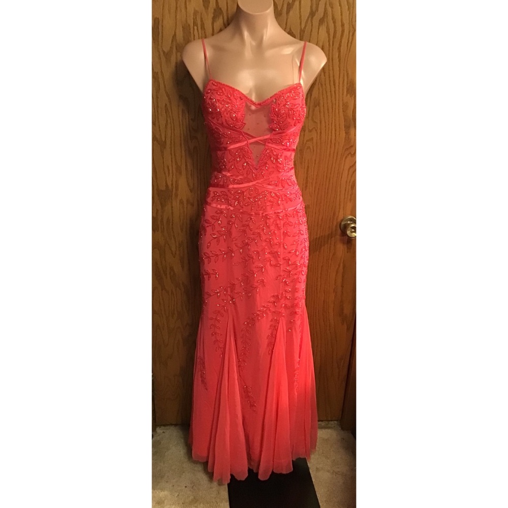 Pink Beaded Sheer Panel Formal Gown